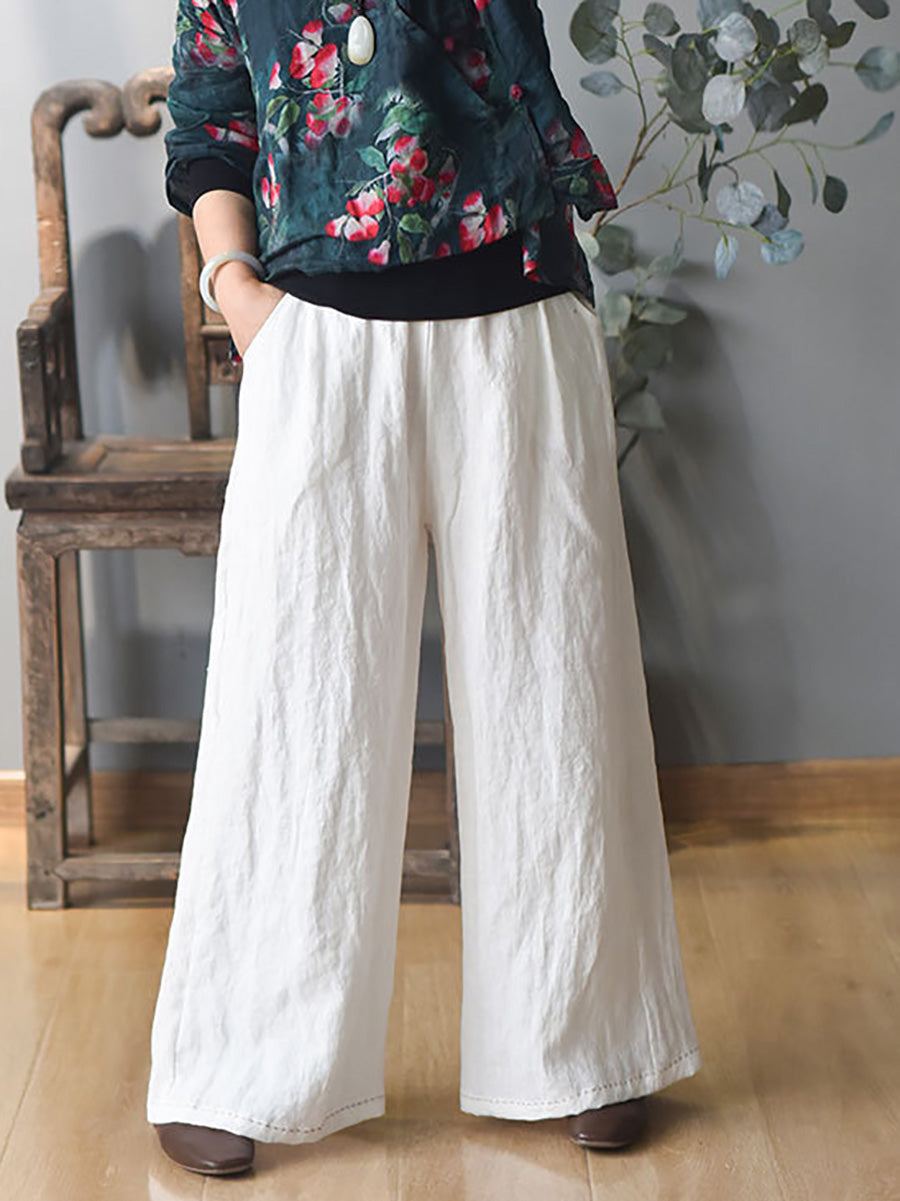 Women Spring Casual Solid Wide-leg Linen Pants KL1010