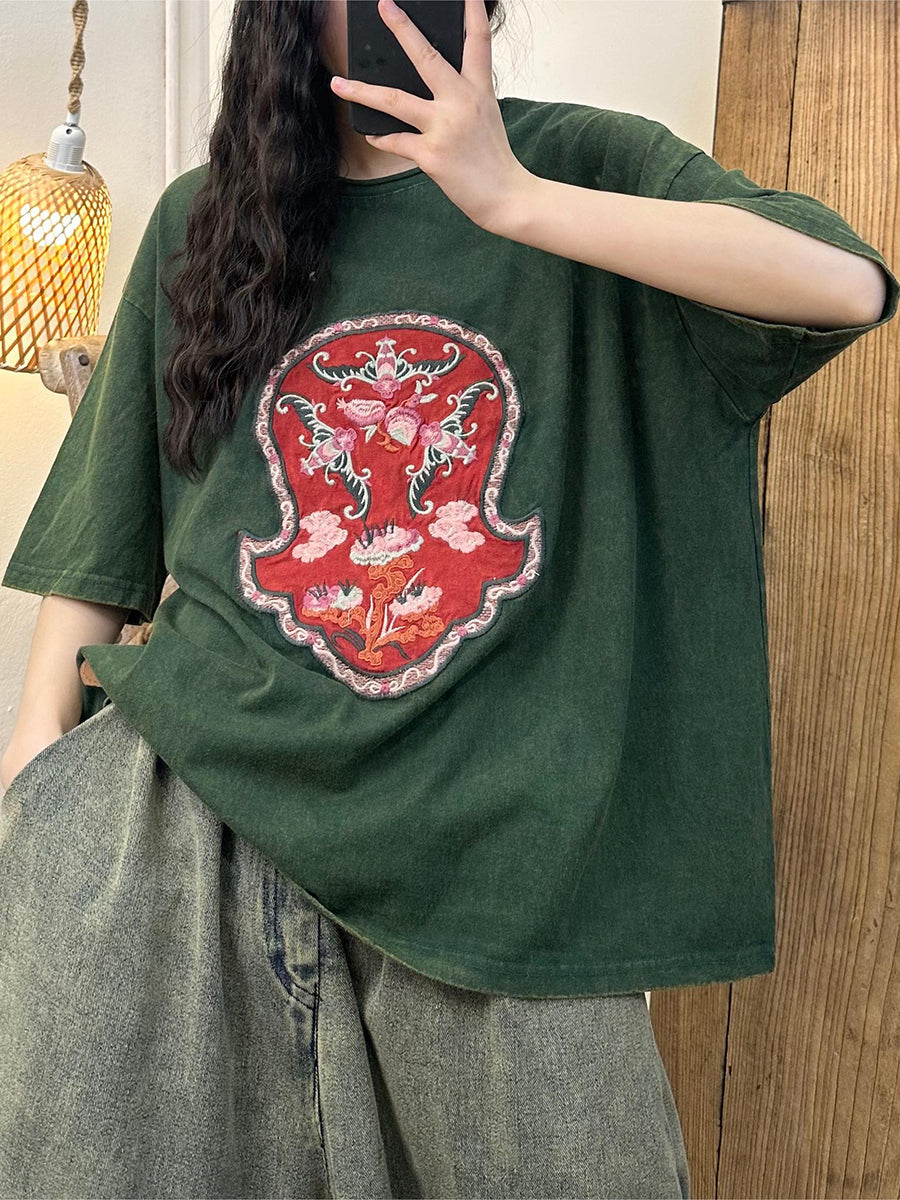 Women Casual Summer Embroidery Spliced Cotton Shirt KL1001
