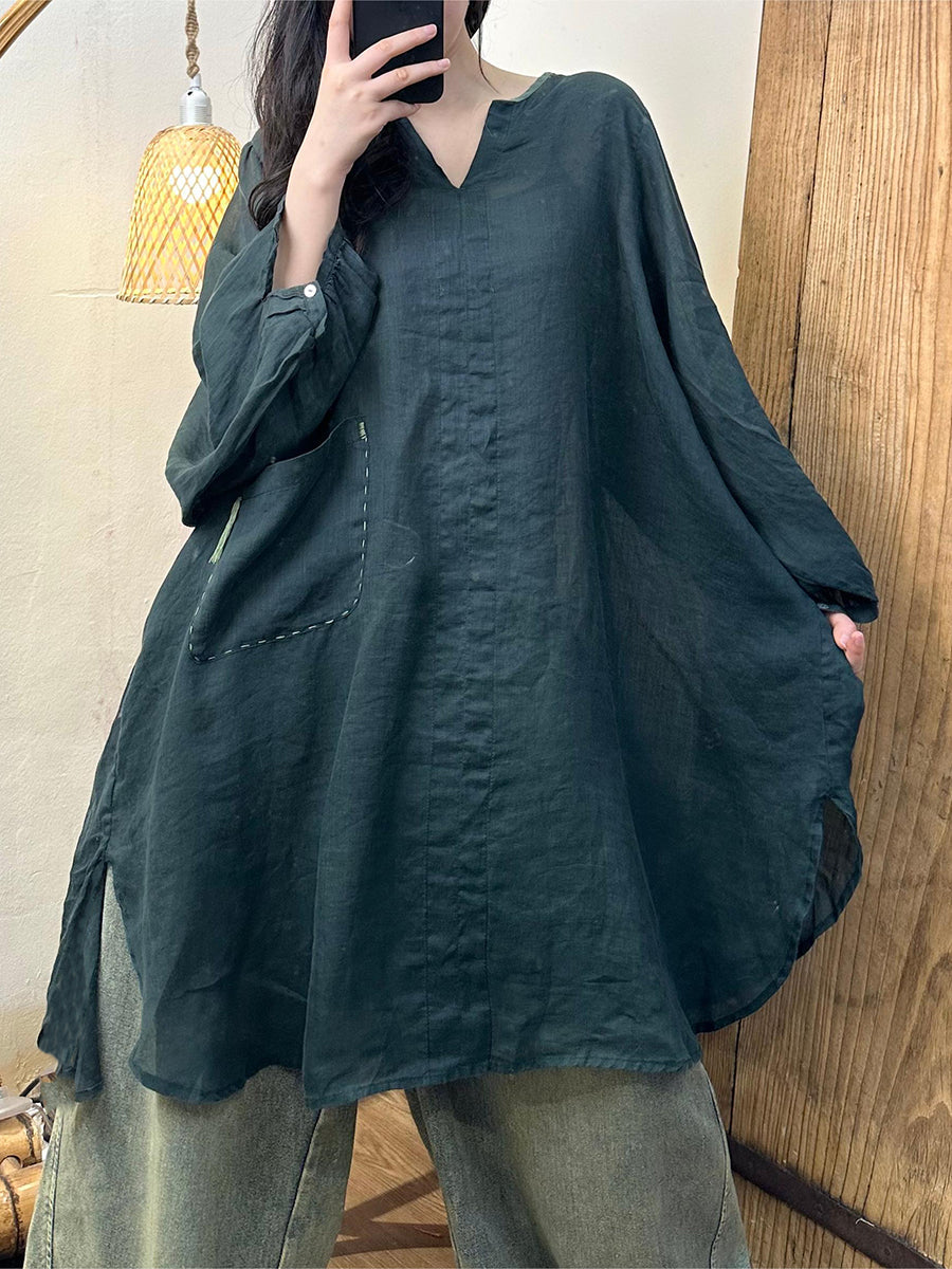 Plus Size Women Spring Solid Loose Ramie Long Shirt KL1020