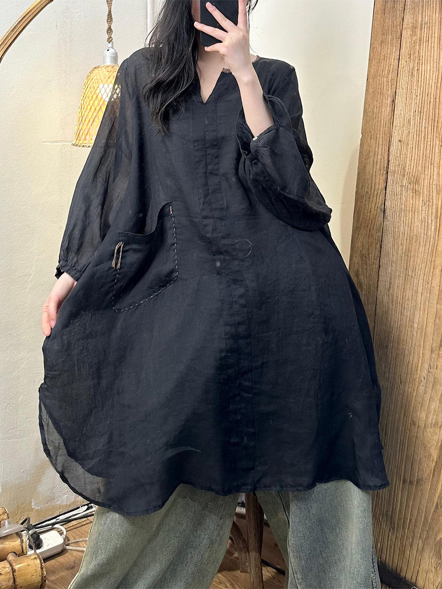 Plus Size Women Spring Solid Loose Ramie Long Shirt KL1020