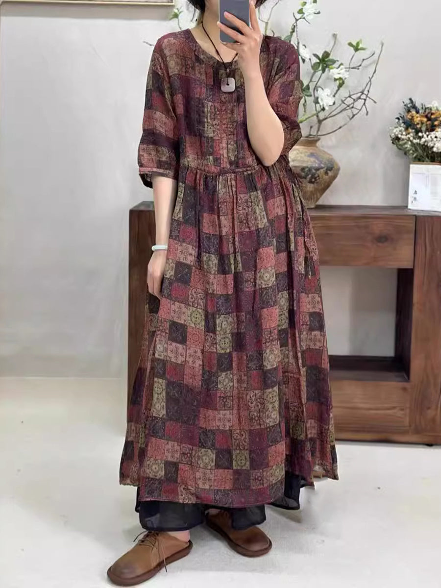 Women Vintage Summer Floral Plaid Loose Ramie Dress KL1025