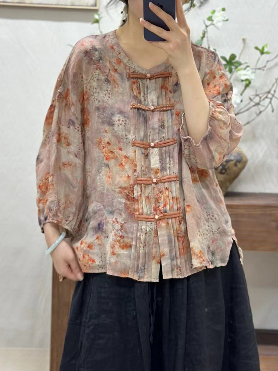 Women Artsy Floral Spring Button Up Ramie Shirt KL1026