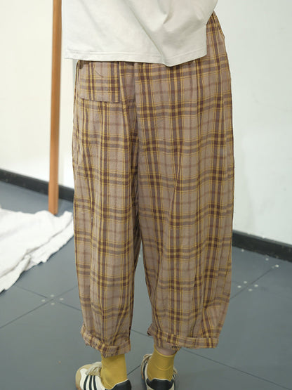 Women Casual Plaid Summer Cotton Loose Harem Pants KL1049