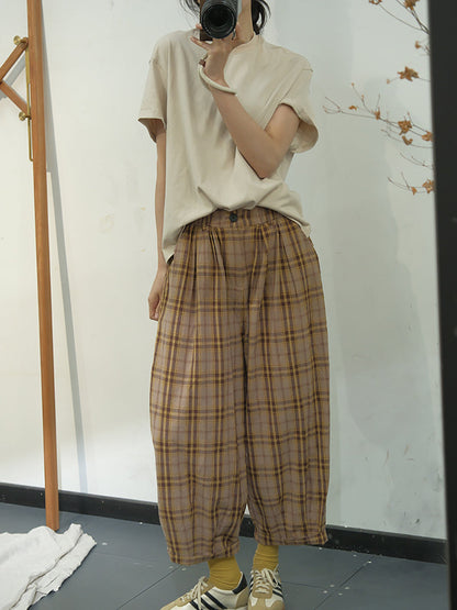 Women Casual Plaid Summer Cotton Loose Harem Pants KL1049