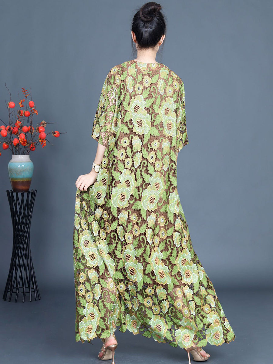 Women Artsy Summer Flower Lace Dual-layer Maxi Dress KL1051
