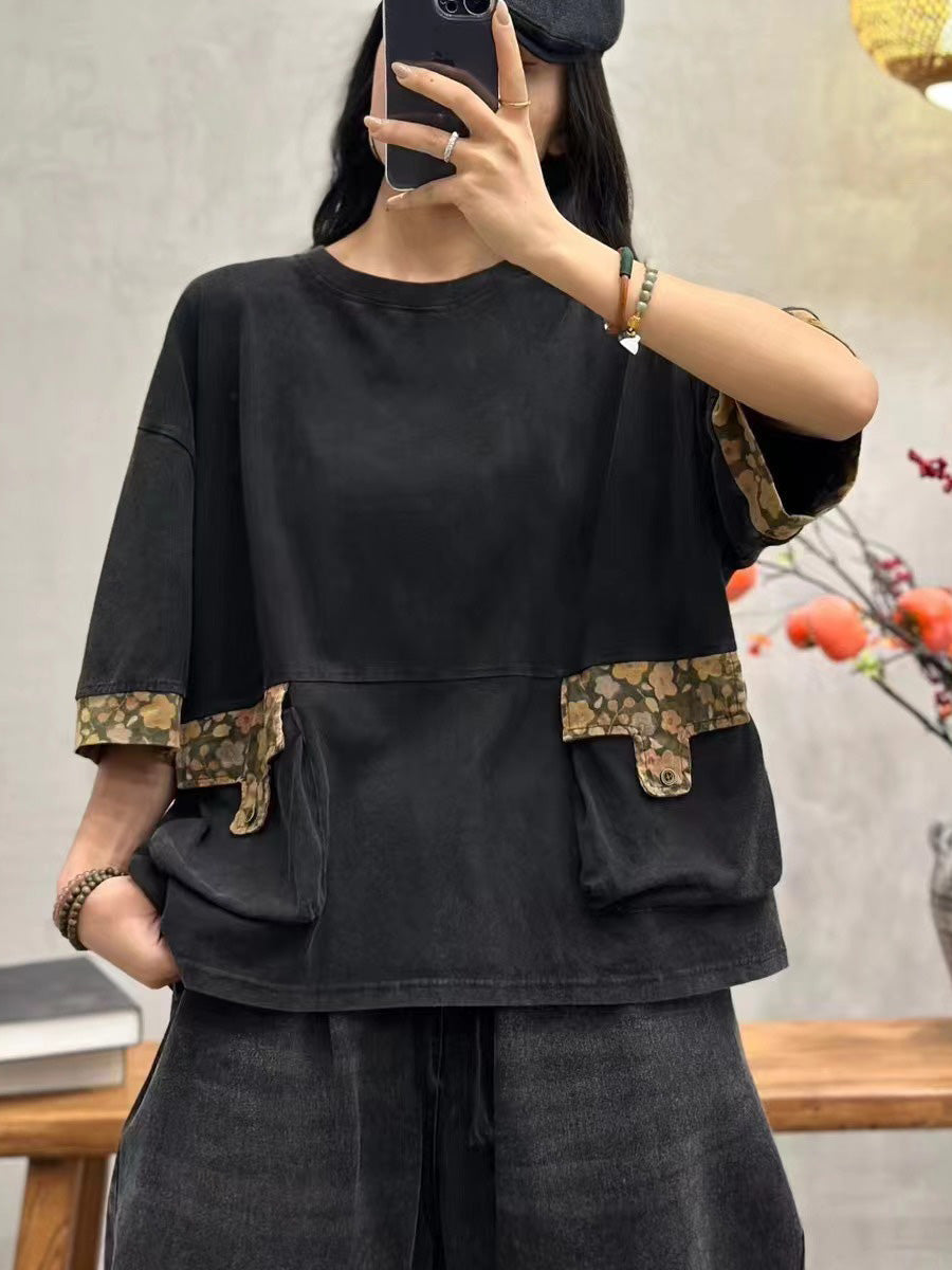 Women Summer Casual Spliced Cotton Pullover Shirt PA1030