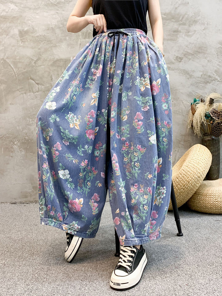 Women Artsy Summer Floral Denim Wide-leg Pants KL1055