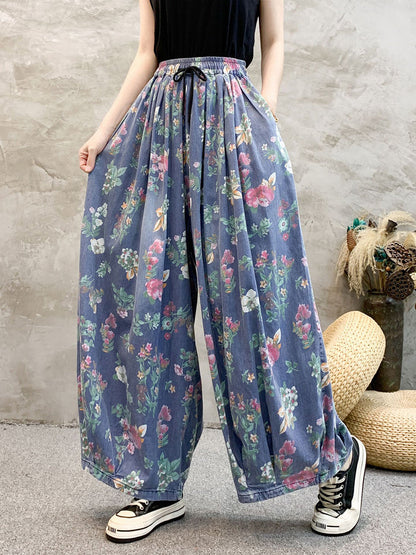 Women Artsy Summer Floral Denim Wide-leg Pants KL1055