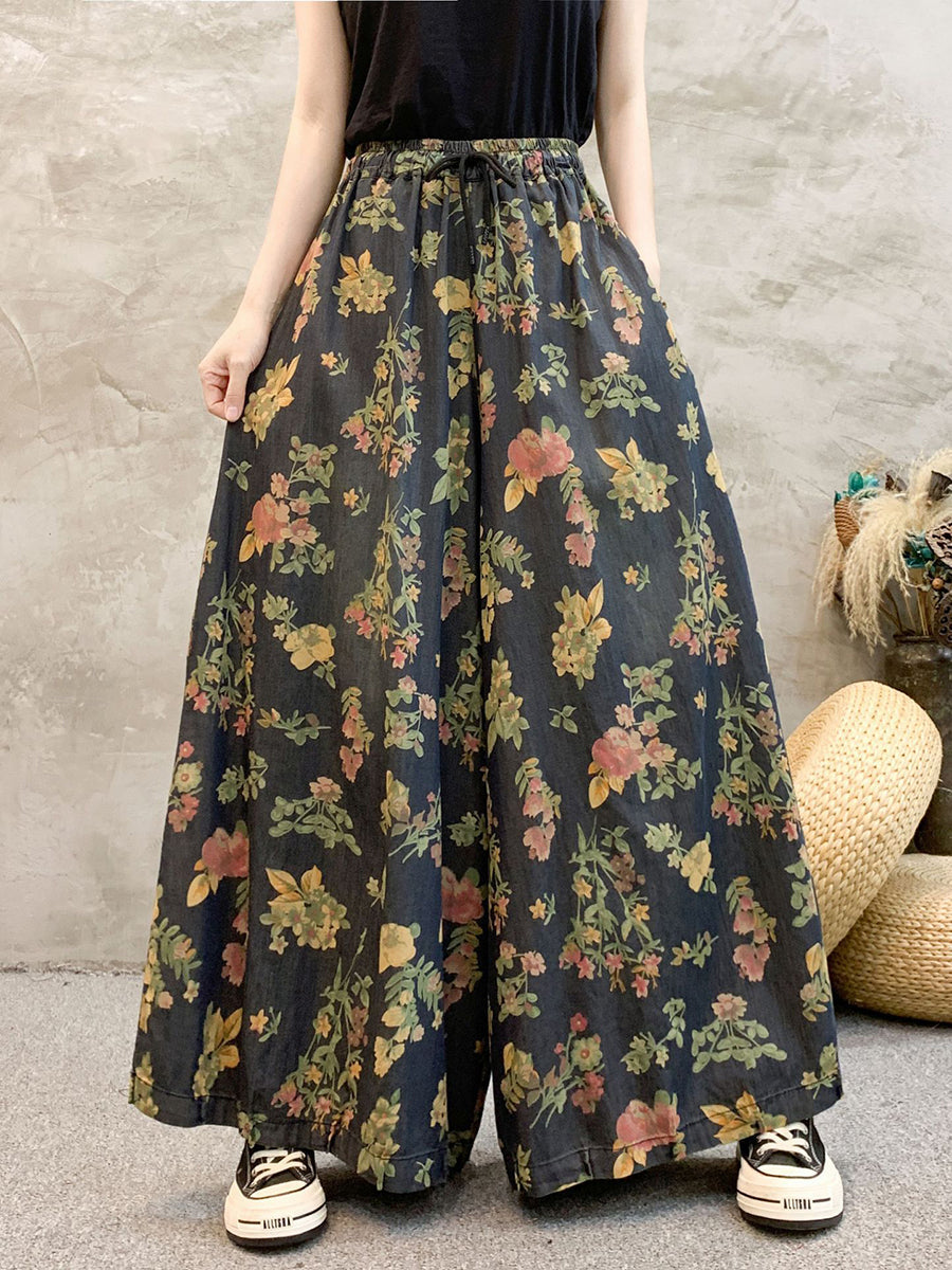 Women Artsy Summer Floral Denim Wide-leg Pants KL1055