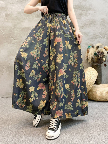 Women Artsy Summer Floral Denim Wide-leg Pants KL1055