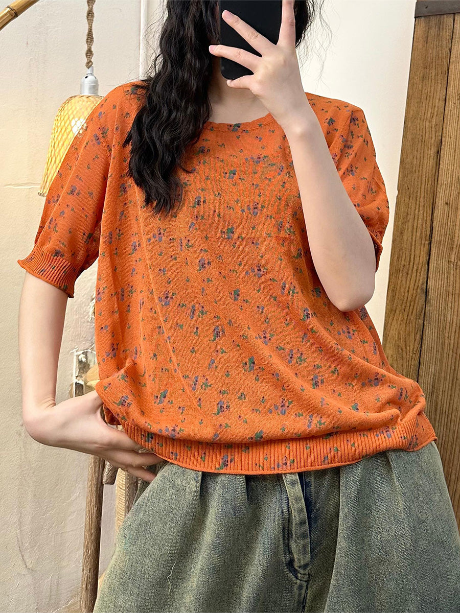 Women Summer Floral Knitted Thin Linen Shirt KL1006