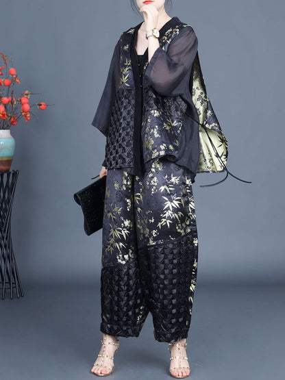 Women Summer Ethnic Flower Spliced Shirt+Pants KL1015