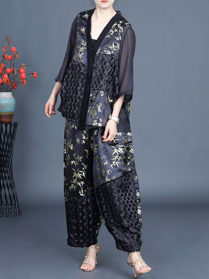 Women Summer Ethnic Flower Spliced Shirt+Pants KL1015