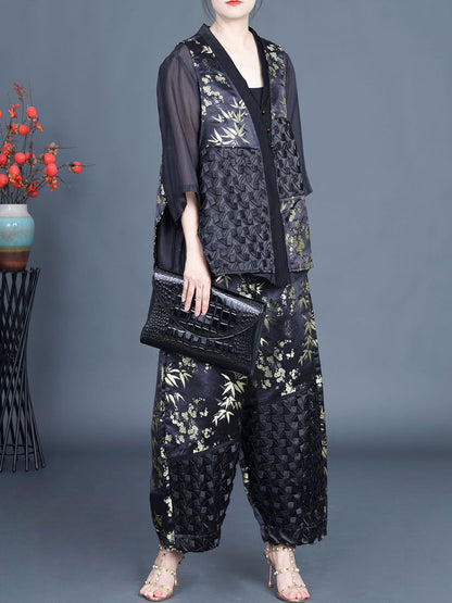 Women Summer Ethnic Flower Spliced Shirt+Pants KL1015