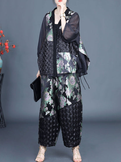 Women Summer Ethnic Flower Spliced Shirt+Pants KL1015