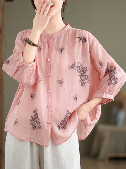 Women Artsy Flower Summer Ramie Blouse KL1018