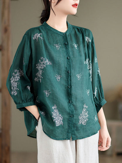 Women Artsy Flower Summer Ramie Blouse KL1018