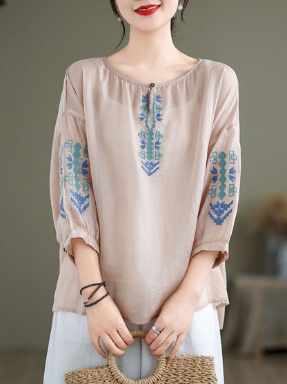 Women Artsy Summer Embroidery O-Neck Ramie Blouse KL1019