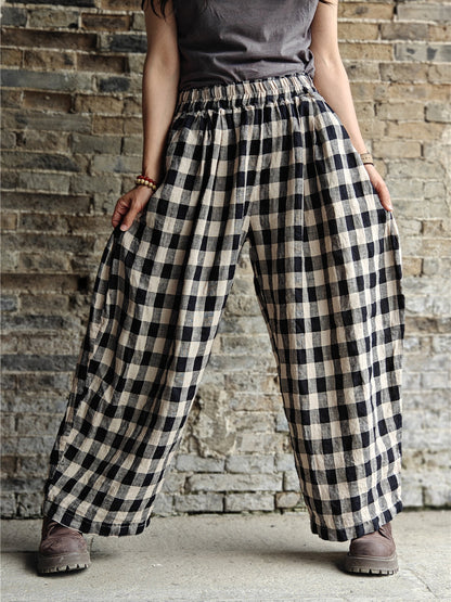 Plus Size Women Casual Plaid Cotton Linen Wide-leg Pants KL1031