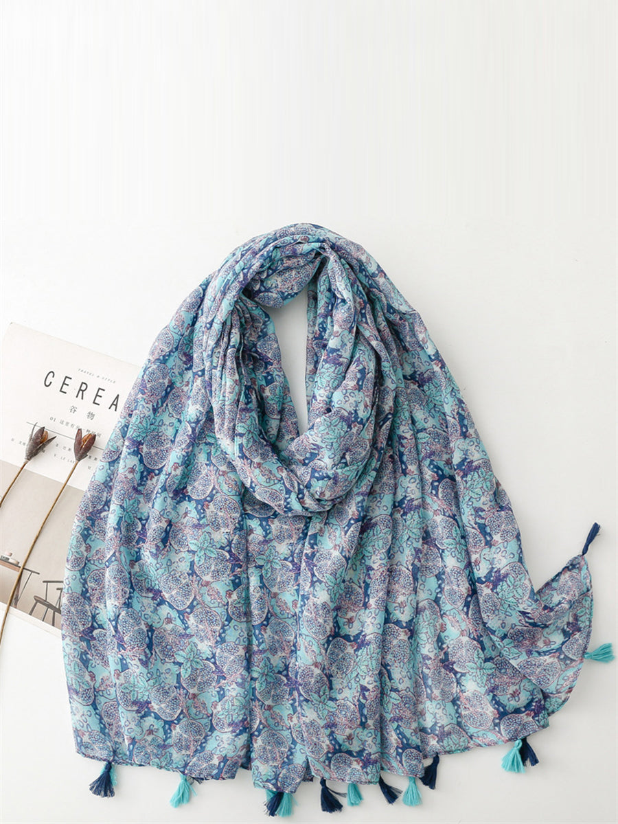 Women Summer Artsy Blue Pomegranate Flower Shawl Scarf SC1014