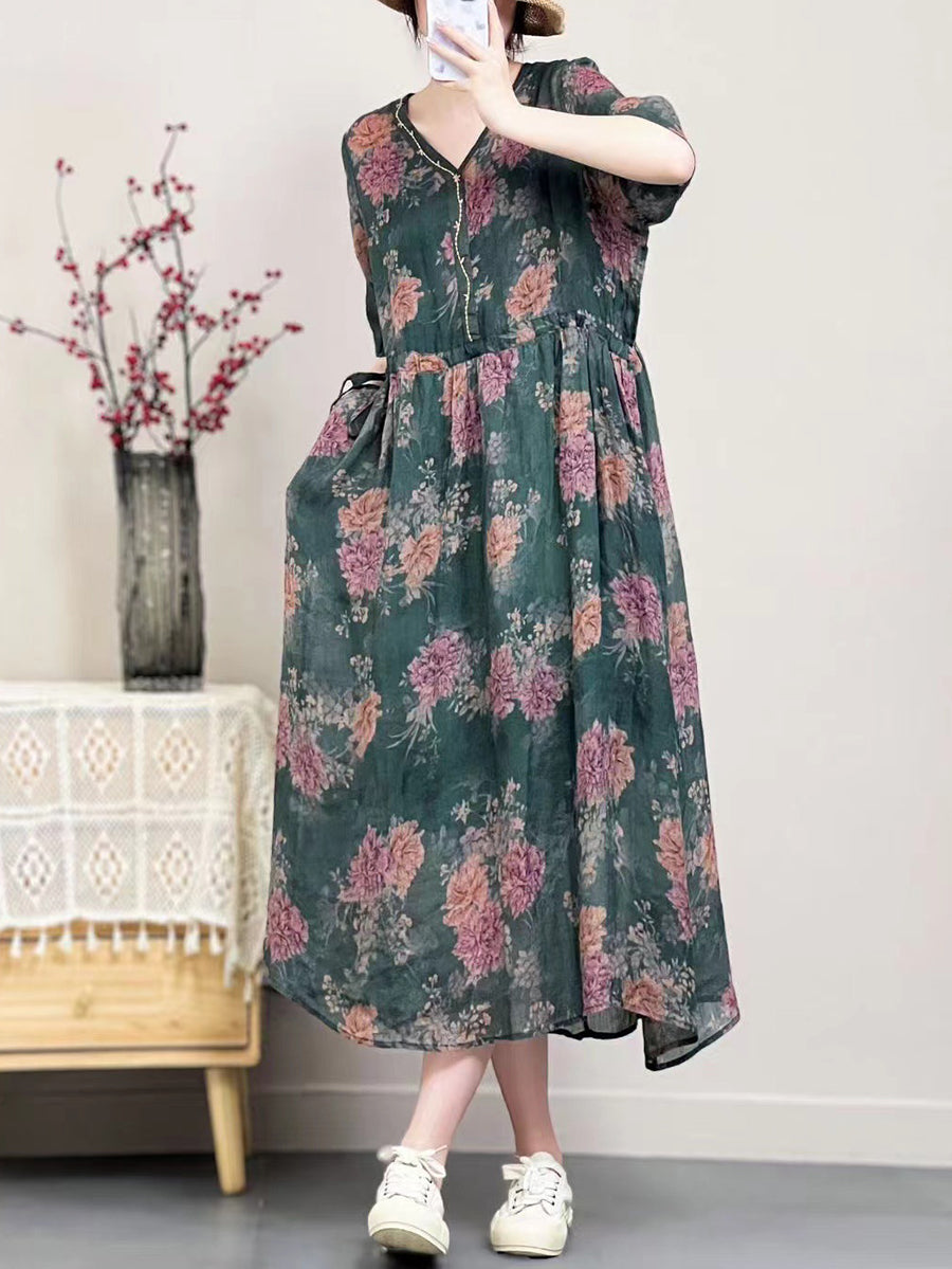 Robe d'été vintage à fleurs en ramie à col en V pour femme SC1001