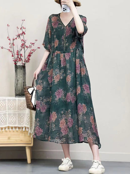 Women Vintage Summer Floral Ramie V-Neck Dress SC1001