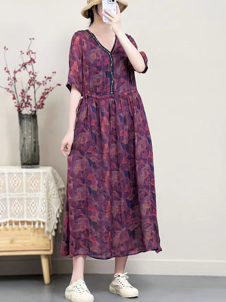 Robe d'été vintage à fleurs en ramie à col en V pour femme SC1001