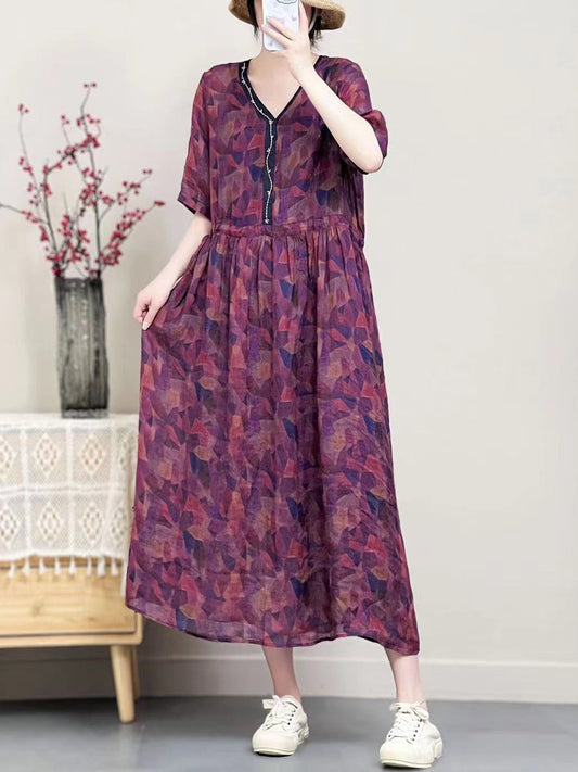 Robe d'été vintage à fleurs en ramie à col en V pour femme SC1001