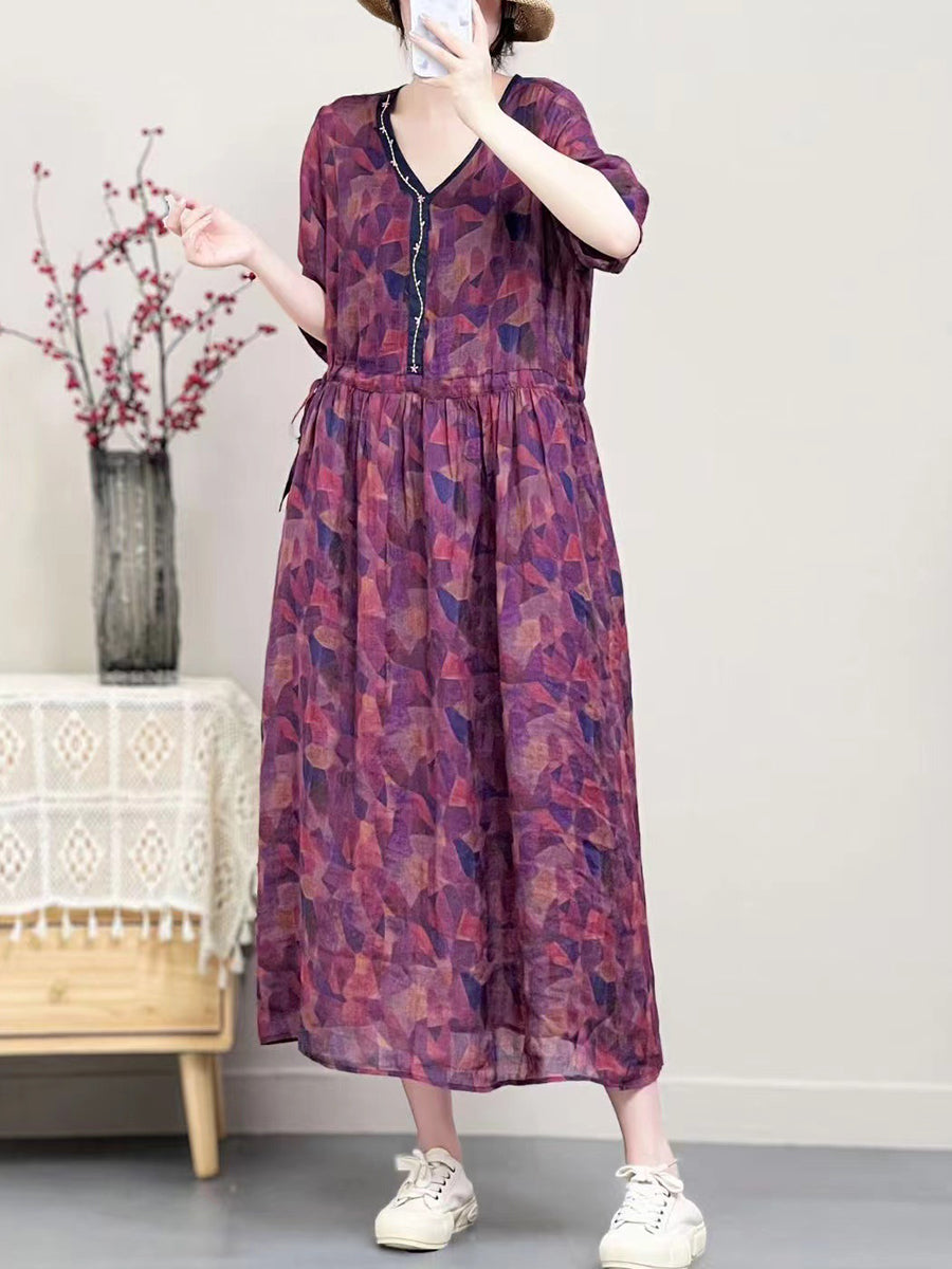 Robe d'été vintage à fleurs en ramie à col en V pour femme SC1001