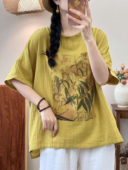 Women Artsy Flower Print Summer Cotton Shirt SC1002