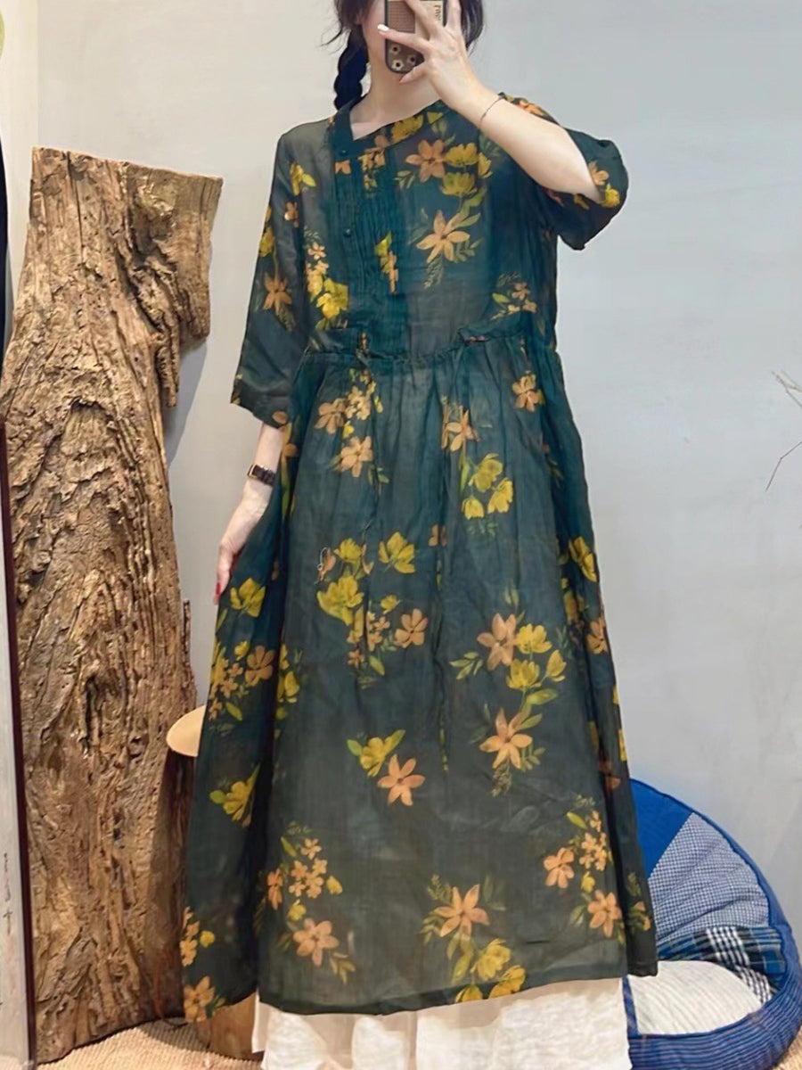 Women Summer Vintage Flower Ramie Loose Dress SC1020