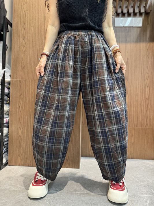 Plus Size Women Vintage Summer Plaid Cotton Linen Harem Pants SC1030