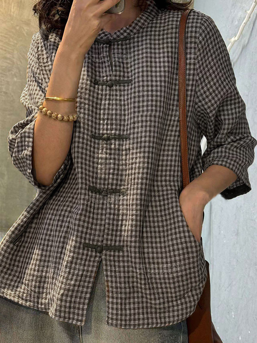 Plus Size Women Retro Plaid Summer Cotton Button-up Shirt ZZ1018