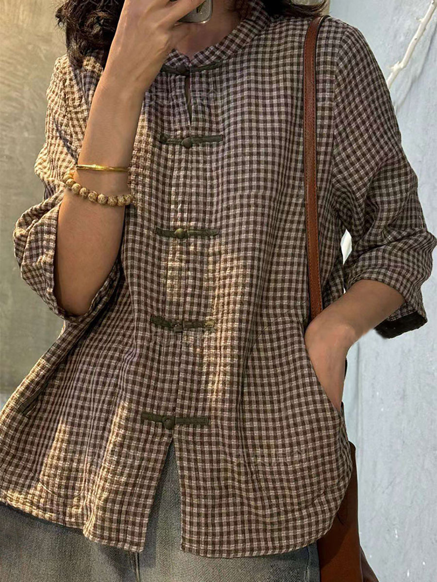 Plus Size Women Retro Plaid Summer Cotton Button-up Shirt ZZ1018