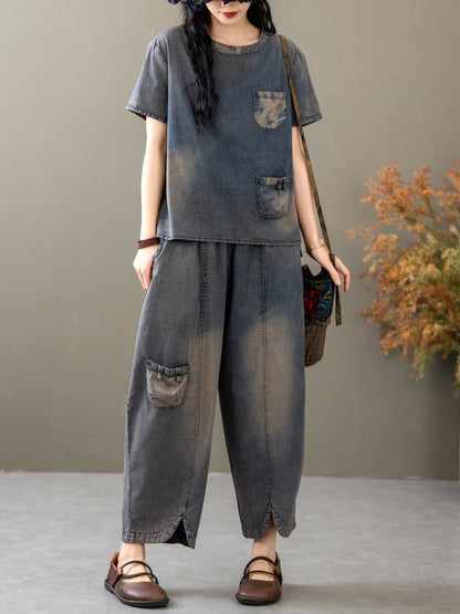 Women Summer Vintage Spliced Denim Shirt+Pants XX1035