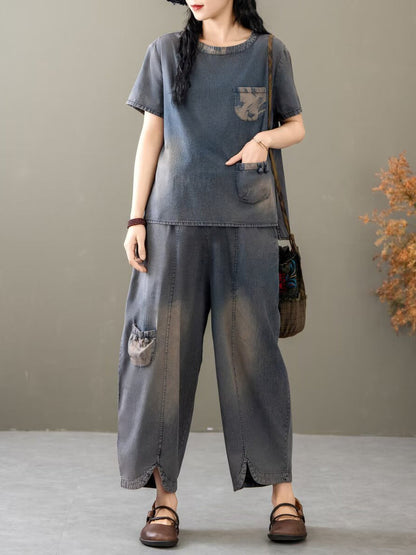 Women Summer Vintage Spliced Denim Shirt+Pants XX1035