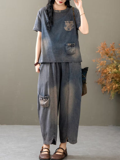 Women Summer Vintage Spliced Denim Shirt+Pants XX1035