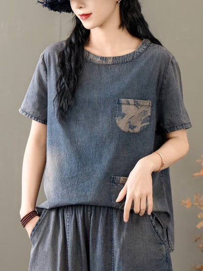 Women Summer Vintage Spliced Denim Shirt+Pants XX1035