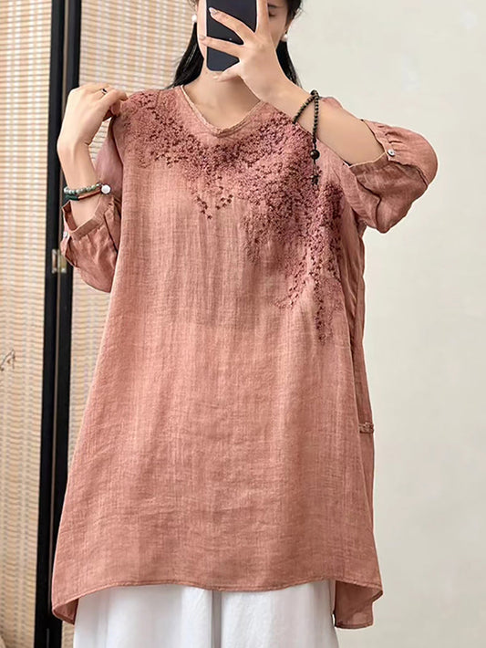 Women Summer Floral Embroidery Ramie Loose Shirt XX1036