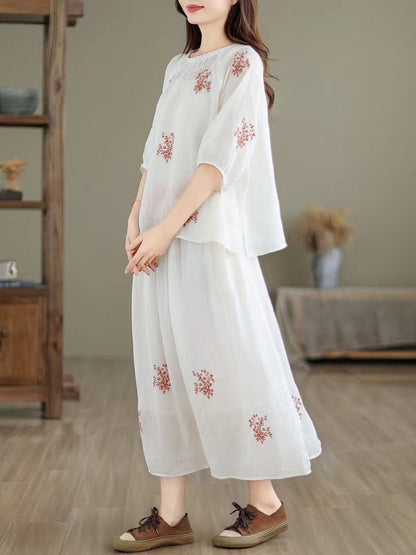 Women Artsy Summer Embroidery Ramie Shirt+Skirt XX1037