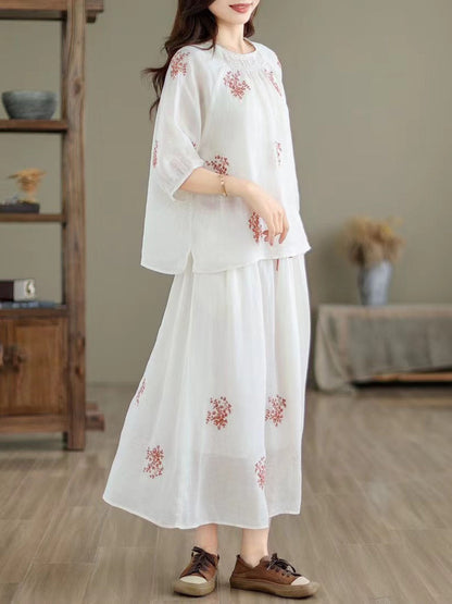 Women Artsy Summer Embroidery Ramie Shirt+Skirt XX1037