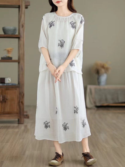 Women Artsy Summer Embroidery Ramie Shirt+Skirt XX1037