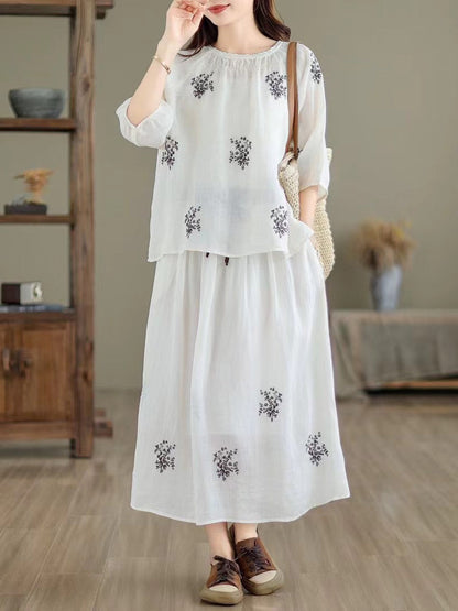 Women Artsy Summer Embroidery Ramie Shirt+Skirt XX1037