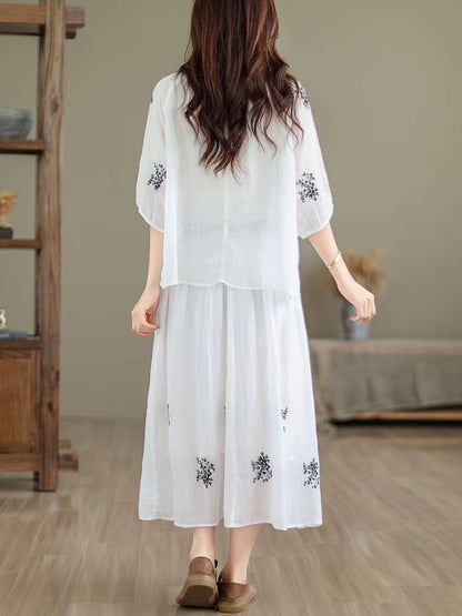 Women Artsy Summer Embroidery Ramie Shirt+Skirt XX1037