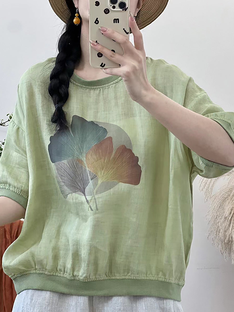 Women Summer Leaf Ramie Thin Pullover Shirt XX1039