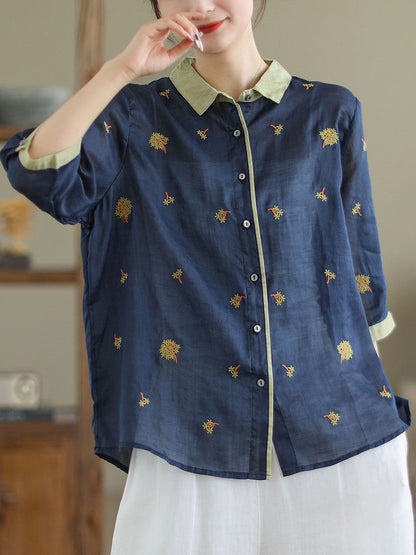 Women Spring Artsy Embroidery Colorblock Ramie Shirt XX1044