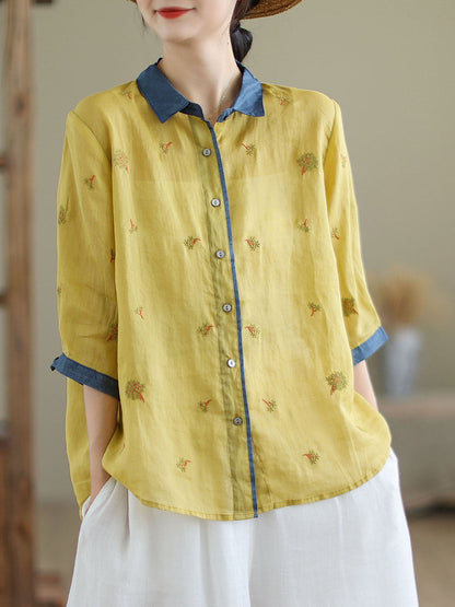 Women Spring Artsy Embroidery Colorblock Ramie Shirt XX1044