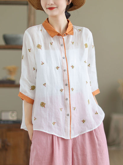 Women Spring Artsy Embroidery Colorblock Ramie Shirt XX1044