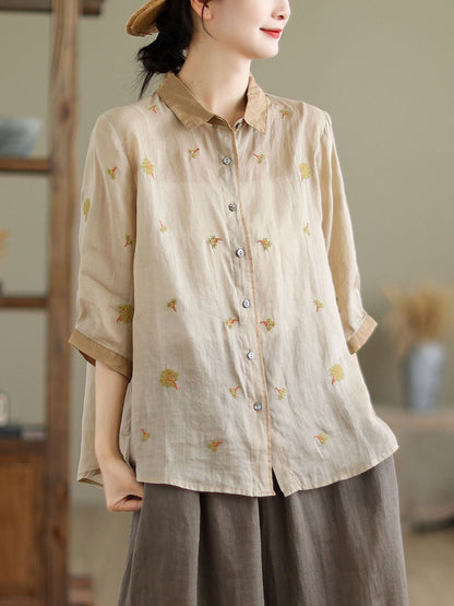 Women Spring Artsy Embroidery Colorblock Ramie Shirt XX1044