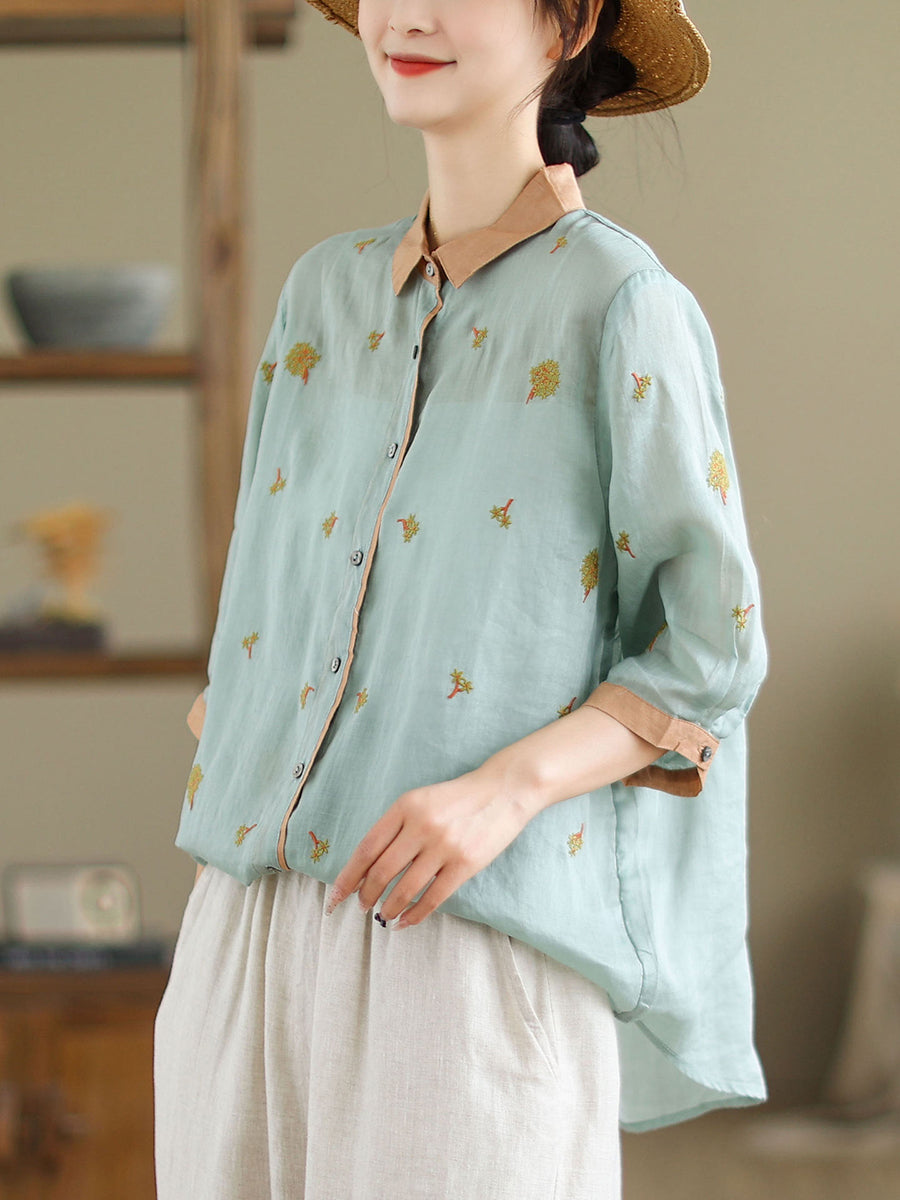 Women Spring Artsy Embroidery Colorblock Ramie Shirt XX1044